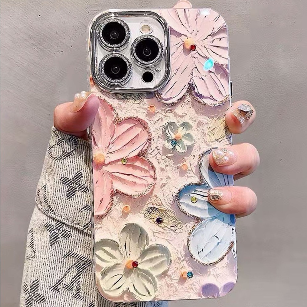 Floral 3D Pink Blue Phone Case for iPhone - Decorative Protective Cover